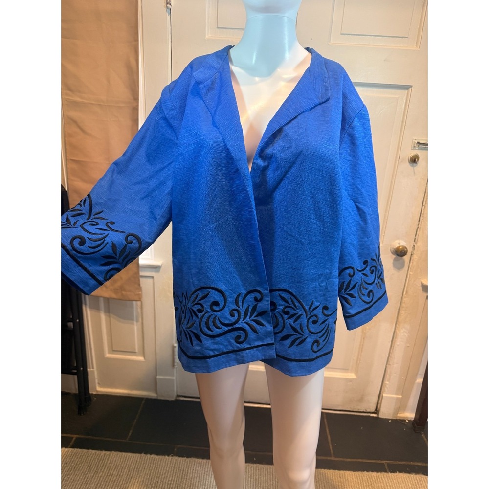 Silk Land Womens 1X Blue Embroidered Floral Jacket Mandarin Collar Button Front